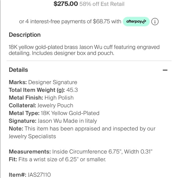 Jason Wu 18k Gold Plated Cuff Bracelet - Picture 8 of 8